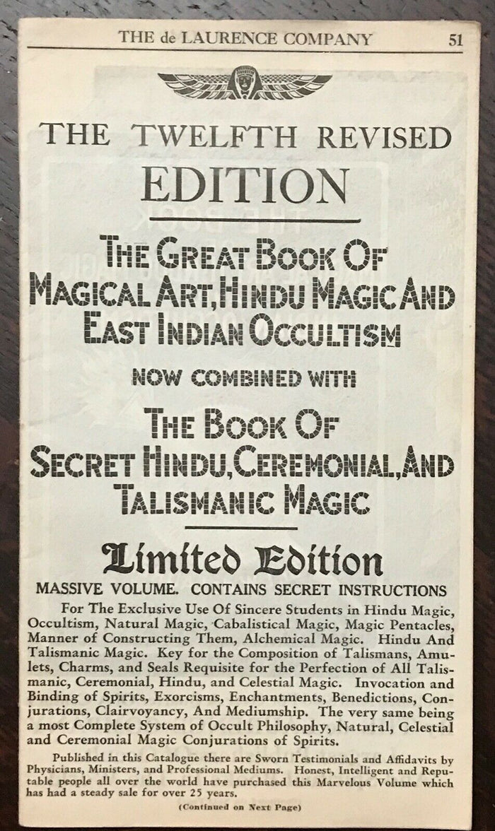 1920s DE LAURENCE OCCULT CATALOG BOOK OF MAGICAL ART, HINDOO & BLACK MAGIC + ADS