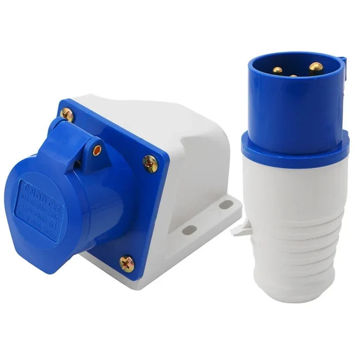 3-Pin 32A Industrial Plug & Wall-Mount Socket Set – IP44 Rated | Male Plug + Splash-Proof Wall Socket Combo