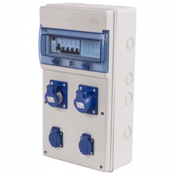 4-Way Plastic Industrial Distribution Panel – Complete with 16A & 32A Plugs, Sockets, MCBs & RCCBs