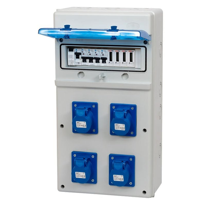4-Way Plastic Industrial Distribution Panel – Complete with 16A & 32A Plugs, Sockets, MCBs & RCCBs