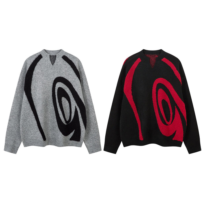 Two abstract swirl knit sweaters, one gray with black graphics and one black with red graphics, shown from the front