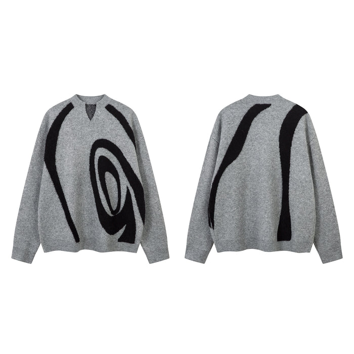 Gray abstract swirl knit sweater shown from both front and back with contrasting black graphics