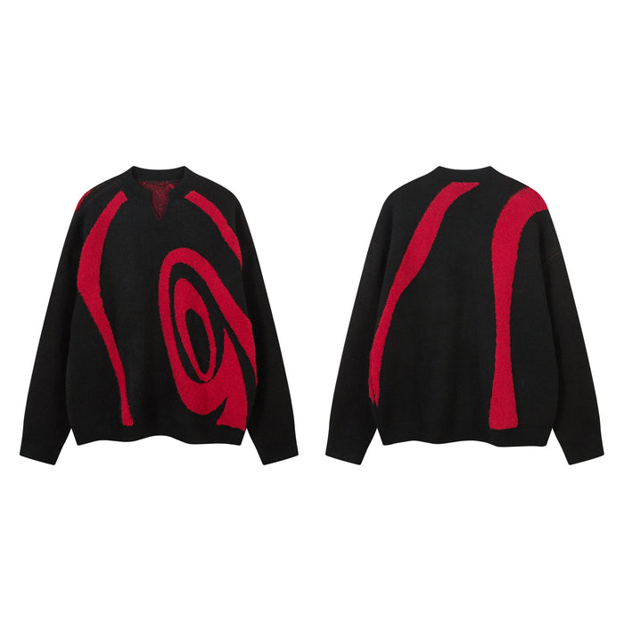 Black abstract swirl knit sweater shown from front and back with contrasting red graphics