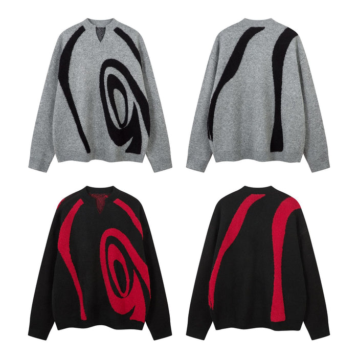 Four-view layout of gray and black abstract swirl knit sweaters, showing front and back designs