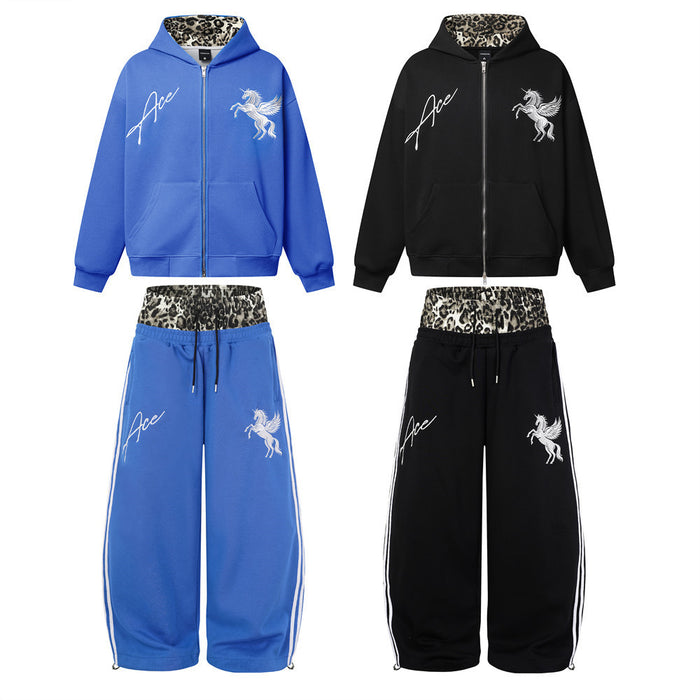 Blue and black zip-up hoodie and wide-leg sweatpants sets with leopard-print trim, white script and winged horse graphics