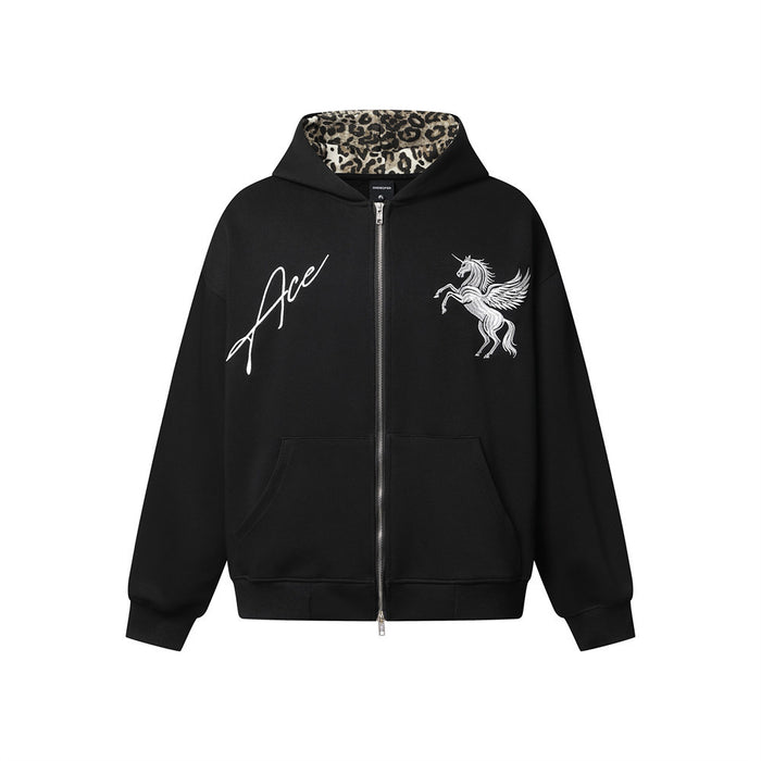 Ace unicorn embroidered zip-up hoodie and wide-leg sweatpants tracksuit set in blue and black with leopard contrast trim