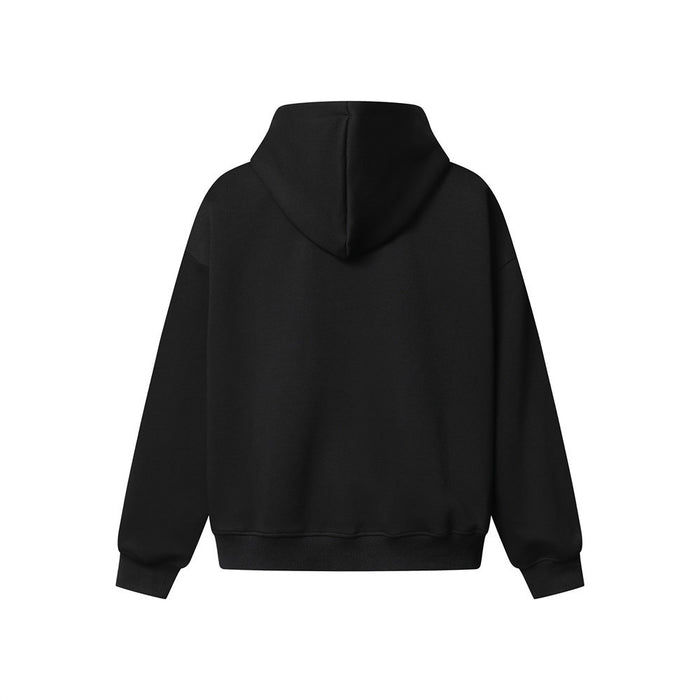 Back view of a plain black hooded zip-up sweatshirt with ribbed cuffs and hem