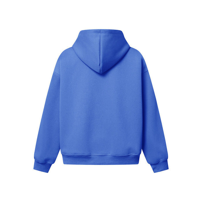 Back view of a blue hooded zip-up sweatshirt with a plain finish