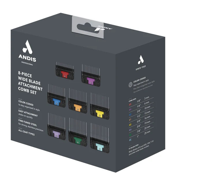 Andis  8-PC Wide Blade Attachment Comb Set Sizes: 1/8", 1/4", 3/8", 1/2", 5/8", 3/4", 7/8", 1"