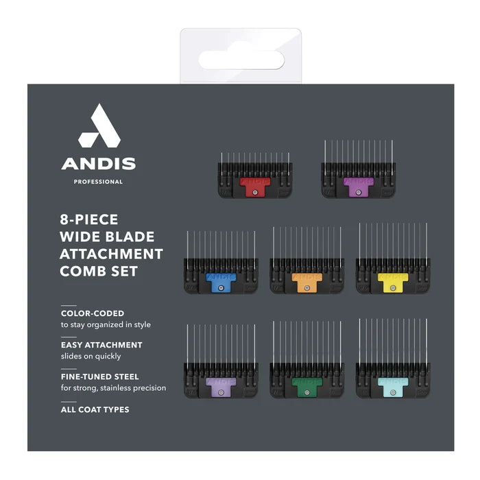 Andis  8-PC Wide Blade Attachment Comb Set Sizes: 1/8", 1/4", 3/8", 1/2", 5/8", 3/4", 7/8", 1"