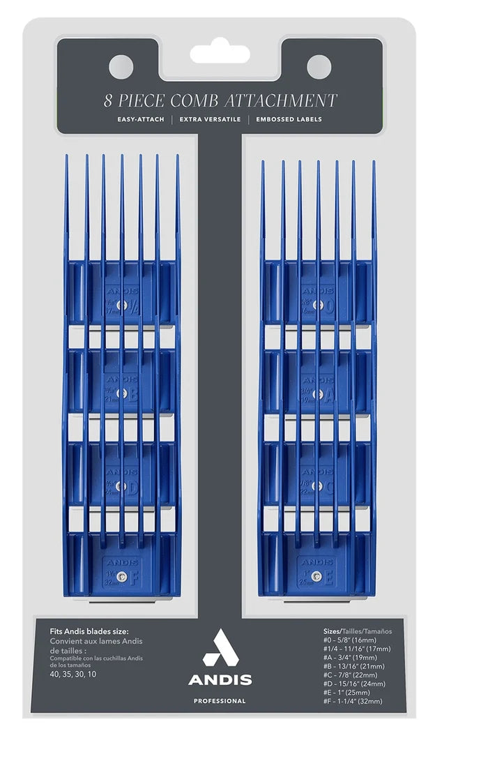 Andis  8pc Large Set, Blue Sizes: 5 / 8", 11/16", 3/4", 13/16", 7/8", 15/16", 1", 1-1/4" - VBL