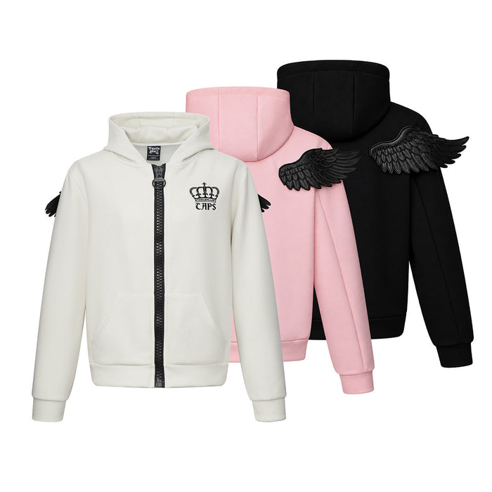 Angel wings zip-up hoodie with crown embroidery and oversized zipper in off-white, pink, and black