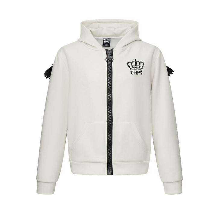 White zip-up hoodie shown from the front, featuring crown and CHPS embroidery, front pockets, and black wing accents
