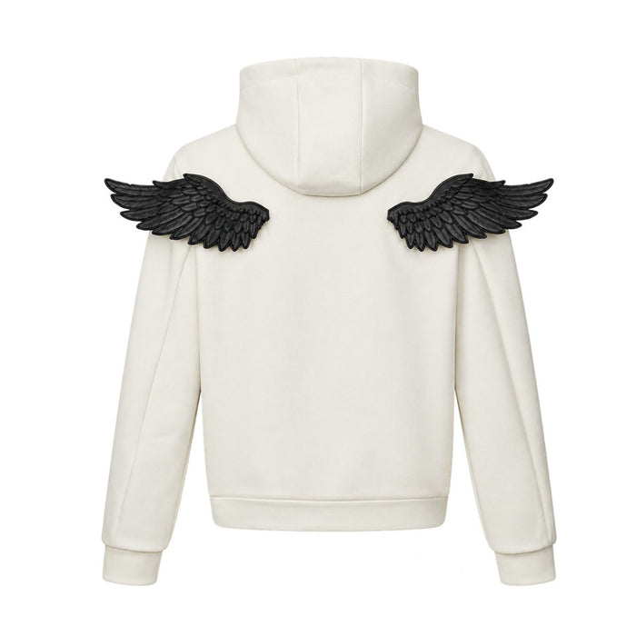 White hoodie shown from the back with a raised collar and symmetrical black feathered wing appliqués