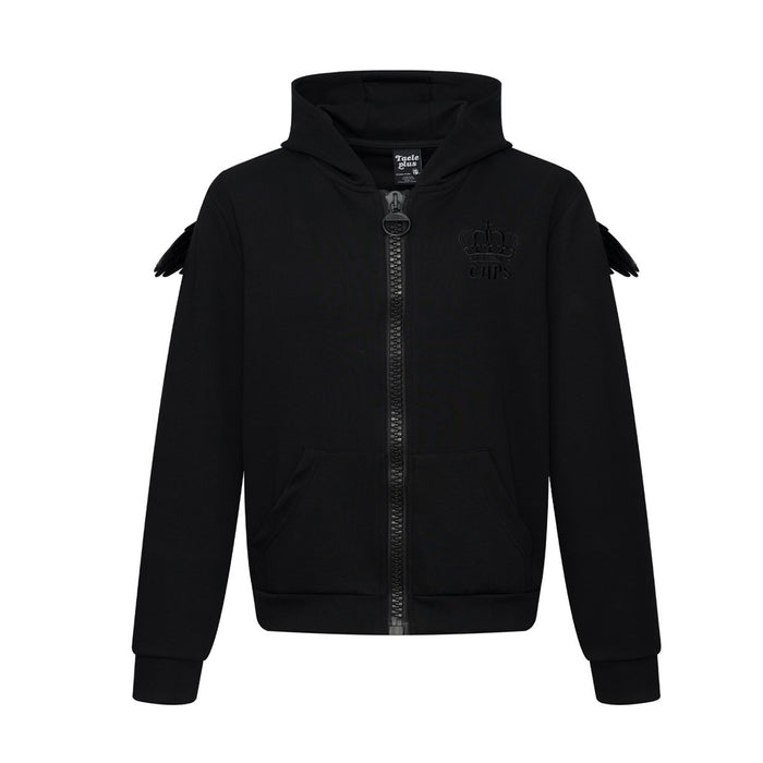 Black zip-up hoodie front view with raised collar, oversized black zipper, front pockets, and subtle crown embroidery