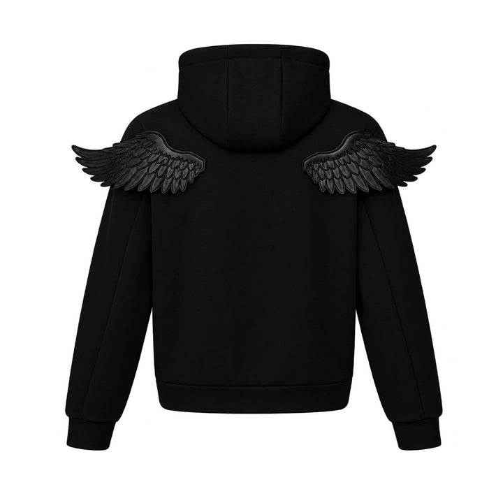 Black hoodie back view featuring a raised collar and large symmetrical black feathered wings across the shoulders