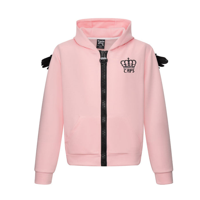 Pink zip-up hoodie front view with crown and CHPS embroidery, front pockets, and black wing accents at the shoulders
