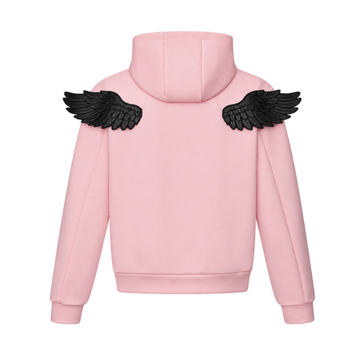 Pink hoodie back view with a raised collar and symmetrical black feathered wing appliqués across the shoulders