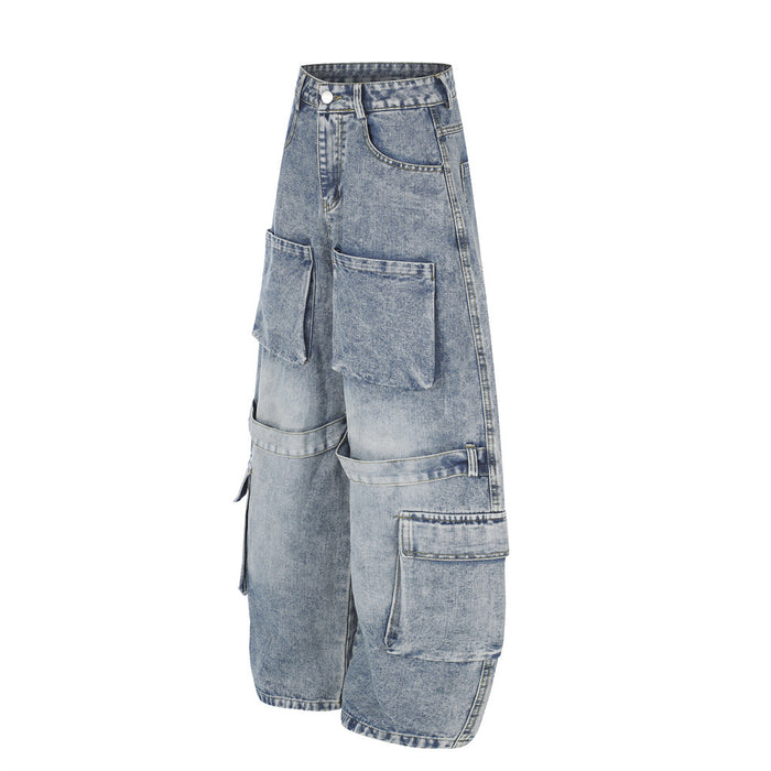 Side view of washed light blue cargo jeans showing layered utility pockets and wide legs