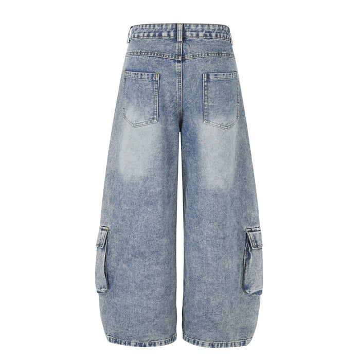 Back view of washed light blue wide-leg cargo jeans with two rear pockets and side cargo pockets