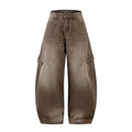 Brown acid-washed baggy high waisted cargo jeans with wide barrel legs and curved seam detailing, front and back view