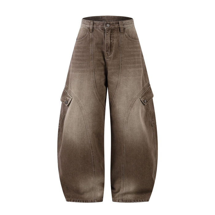 Brown acid-washed baggy high waisted cargo jeans with wide barrel legs and curved seam detailing, front and back view