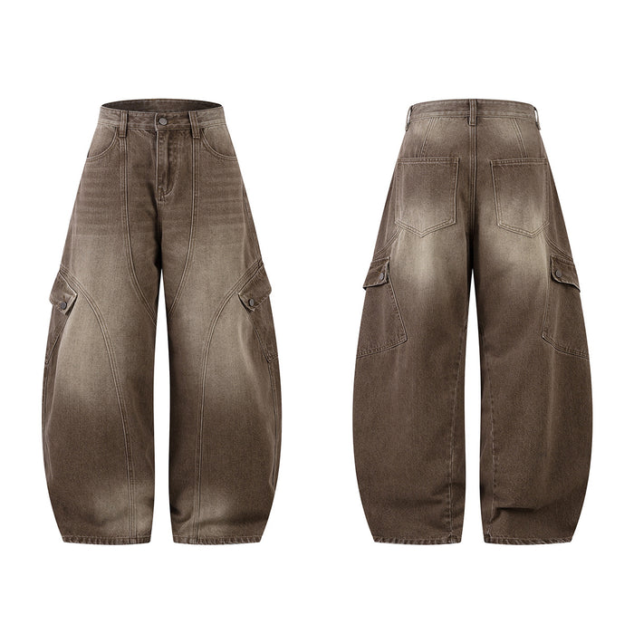 Brown washed wide-leg cargo jeans shown in front and back views with curved seams and side pockets