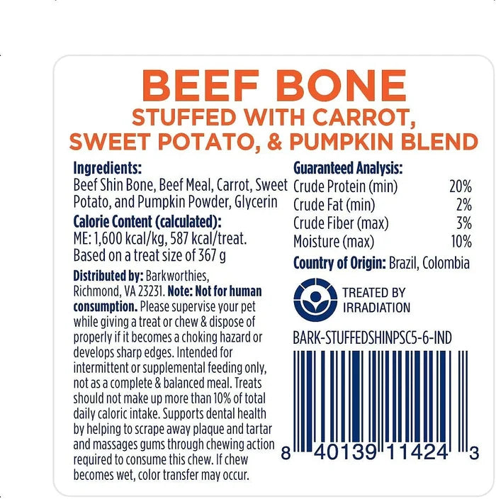 Barkworthies 5-6" Shin Bone Stuffed w/Pumpkin, Sweet Potato, & Carrot