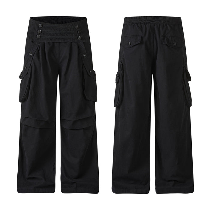 Black wide-leg cargo pants for men with double-breasted snap-button waistband and oversized side cargo pockets