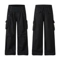 Black wide-leg cargo pants for men with double-breasted snap-button waistband and oversized side cargo pockets