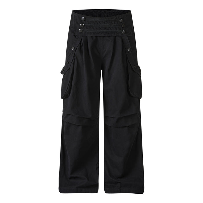 Front view of black wide-leg cargo pants with large side pockets, layered knees, and buttoned waistband