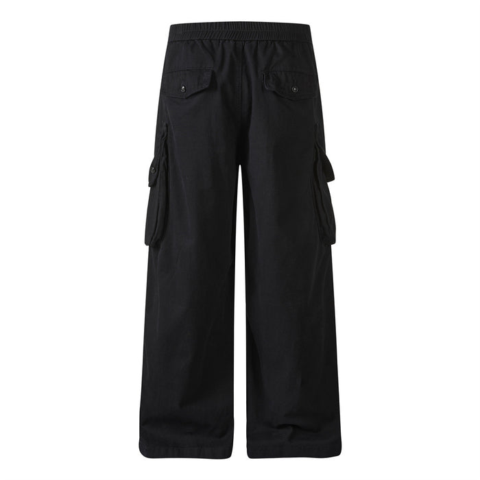 Back view of black wide-leg cargo pants with two buttoned rear pockets and side cargo pockets