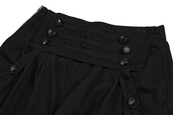 Close-up of the black cargo pants waistband with layered panels, stitched rows, and multiple buttons
