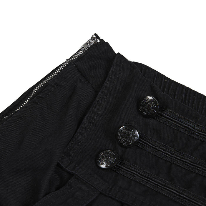 Close-up of black cargo pants showing the metal zipper, ribbed waistband, and three decorative buttons