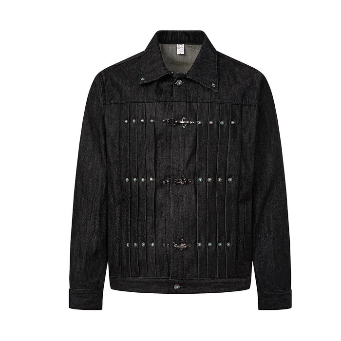 Black boxy denim jacket with pleated front panel, metal bar-clasp closures, and turquoise stud rivets, shown front and back