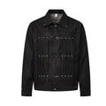 Black boxy denim jacket with pleated front panel, metal bar-clasp closures, and turquoise stud rivets, shown front and back