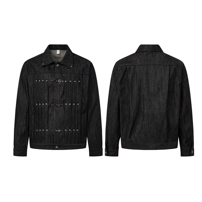 Black denim jacket shown from the front and back, with pleated front, metal clasp closures, and turquoise studs