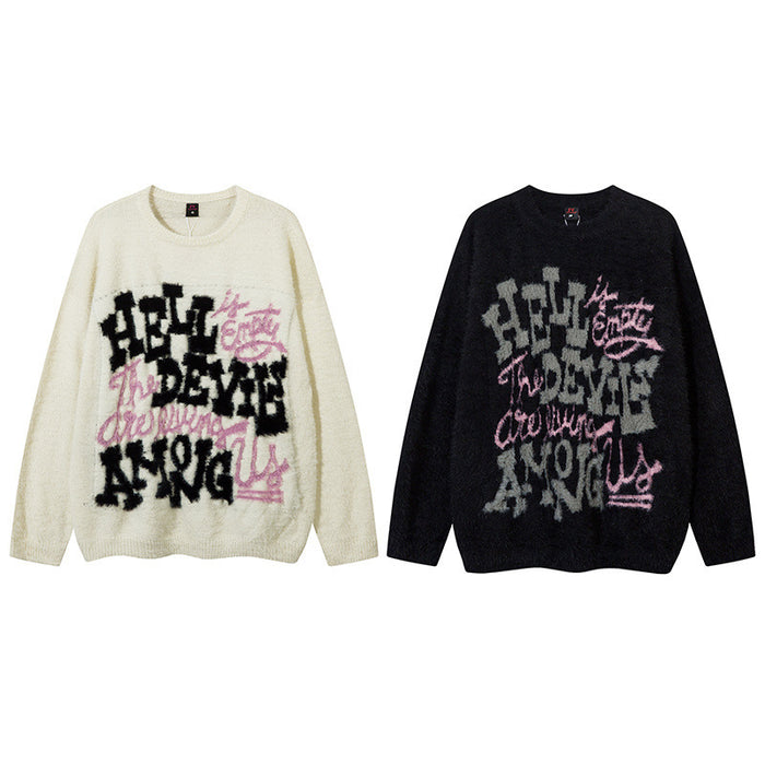 Oversized graphic knit pullover sweater with Hell Is Empty fuzzy lettering in black and pink, shown in cream and black colorw