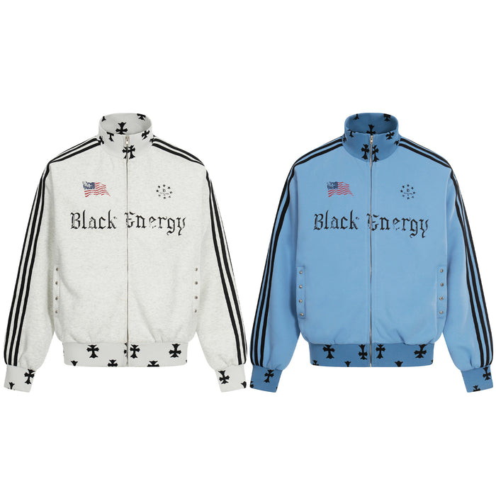 Black Energy mock neck full-zip track jacket in heather grey with three-stripe sleeves and iron cross print on cuffs and hem