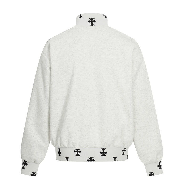 Back view of the light gray full-zip track jacket with cross-patterned collar, cuffs, and waistband