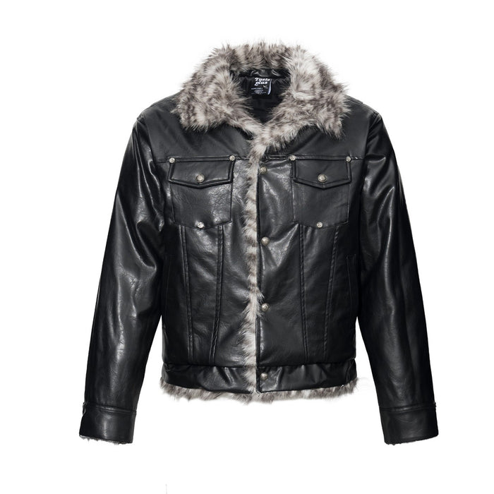 Men's black faux leather biker jacket with grey faux fur collar, silver snap buttons, and padded lining, shown front and back