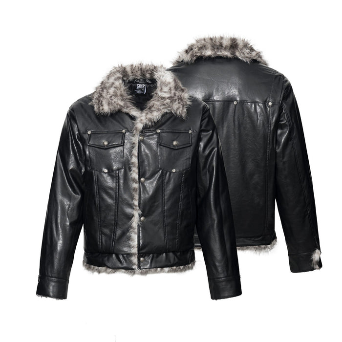 Black faux leather biker jacket showing front and back views with gray-brown faux fur collar, cuffs, and hem