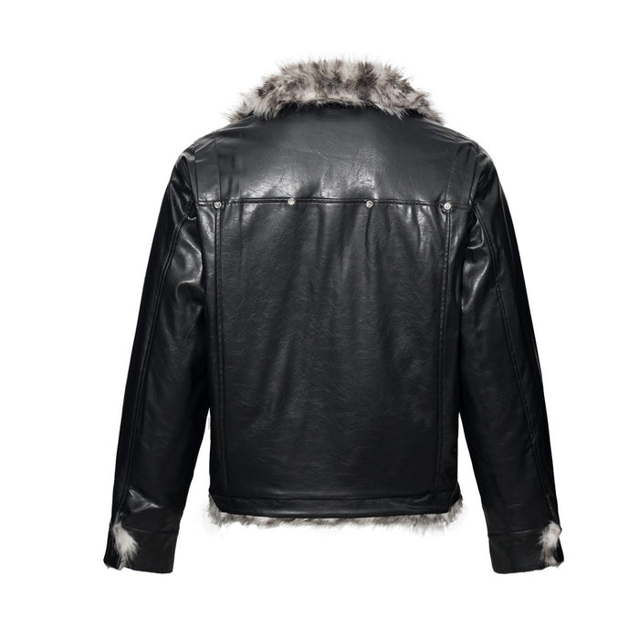 Back view of a black faux leather biker jacket with a gray-brown faux fur collar and hem trim