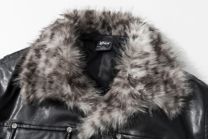 Close-up of the jacket's plush gray-brown faux fur collar against black faux leather