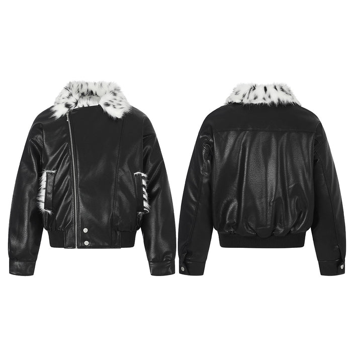 Black faux leather bomber jacket shown from the front and back with a spotted white faux fur collar
