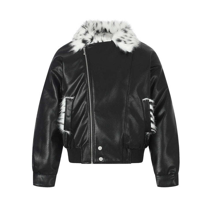 Front view of a black faux leather bomber jacket with zip closure, snap fasteners and spotted fur collar