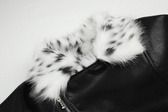 Close-up of the jacket's soft white faux fur collar with black spotted detailing