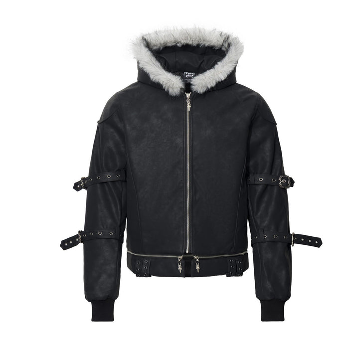 Black faux leather hooded bomber jacket with white faux fur hood trim and buckle strap sleeves, front and back view