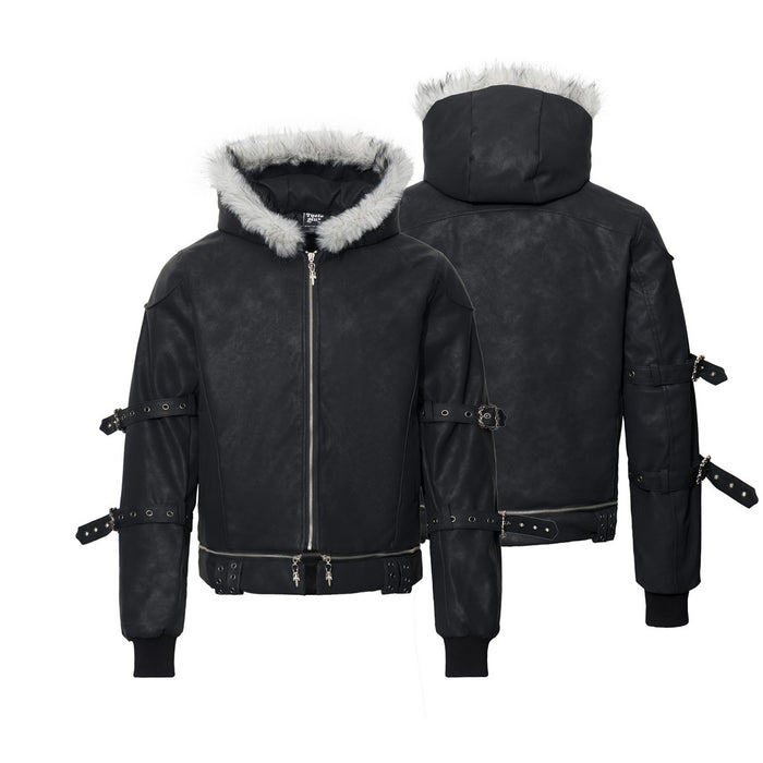 Black faux leather hooded bomber jacket shown from the front and back with faux fur trim and buckle straps