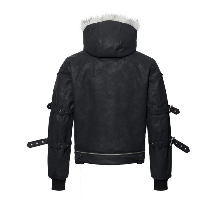 Back view of a black faux leather hooded bomber jacket with fur-trimmed hood, sleeve straps, and ribbed cuffs